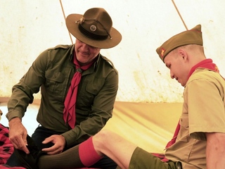 Scout bangs bf in front of scoutmaster